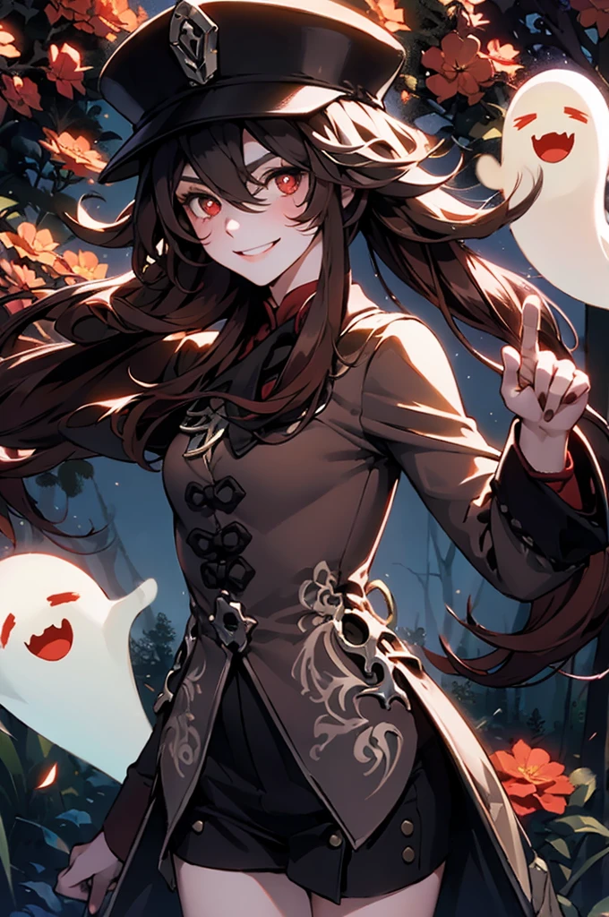 1 girl solo, brown jacket, long brown hair, red eyes, brown hat with red flowers, white ghost smiling, outside in a swampy forest at night, swamp lights, ghost figures around, blue lights flying in the air, will-o-the-wisp
