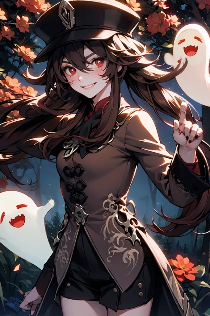 1 girl solo, brown jacket, long brown hair, red eyes, brown hat with red flowers, white ghost smiling, outside in a swampy forest at night, swamp lights, ghost figures around, blue lights flying in the air, will-o-the-wisp