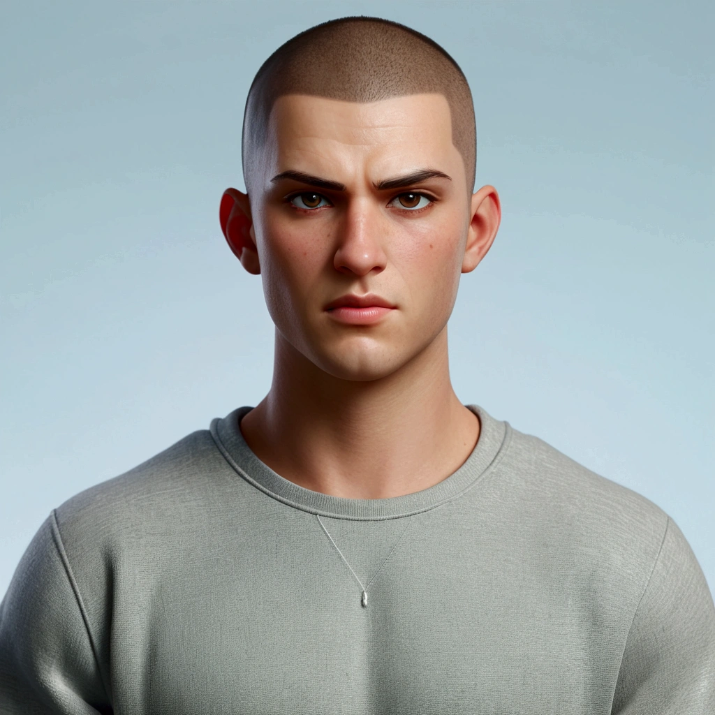 a close-up of a man with a shaved head and a gray hoodie, Buzz Cut hair, Buzz Cut, beautiful impressive realistic, highly detailed realistic face, extremely detailed face and body, detailed realistic face, portrait ultra detailed, realistic hybrid of face and body, brown cut, hyper realistic style, accurate ultra realistic faces, ultra realistic face, detailed and realistic face