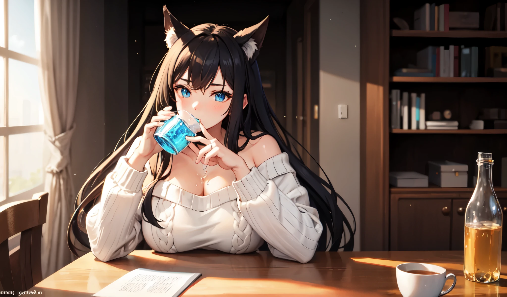 ((Highest quality)), ((masterpiece)), (detailed), 1 half-beast woman, Off-the-shoulder sweater, Drinking water