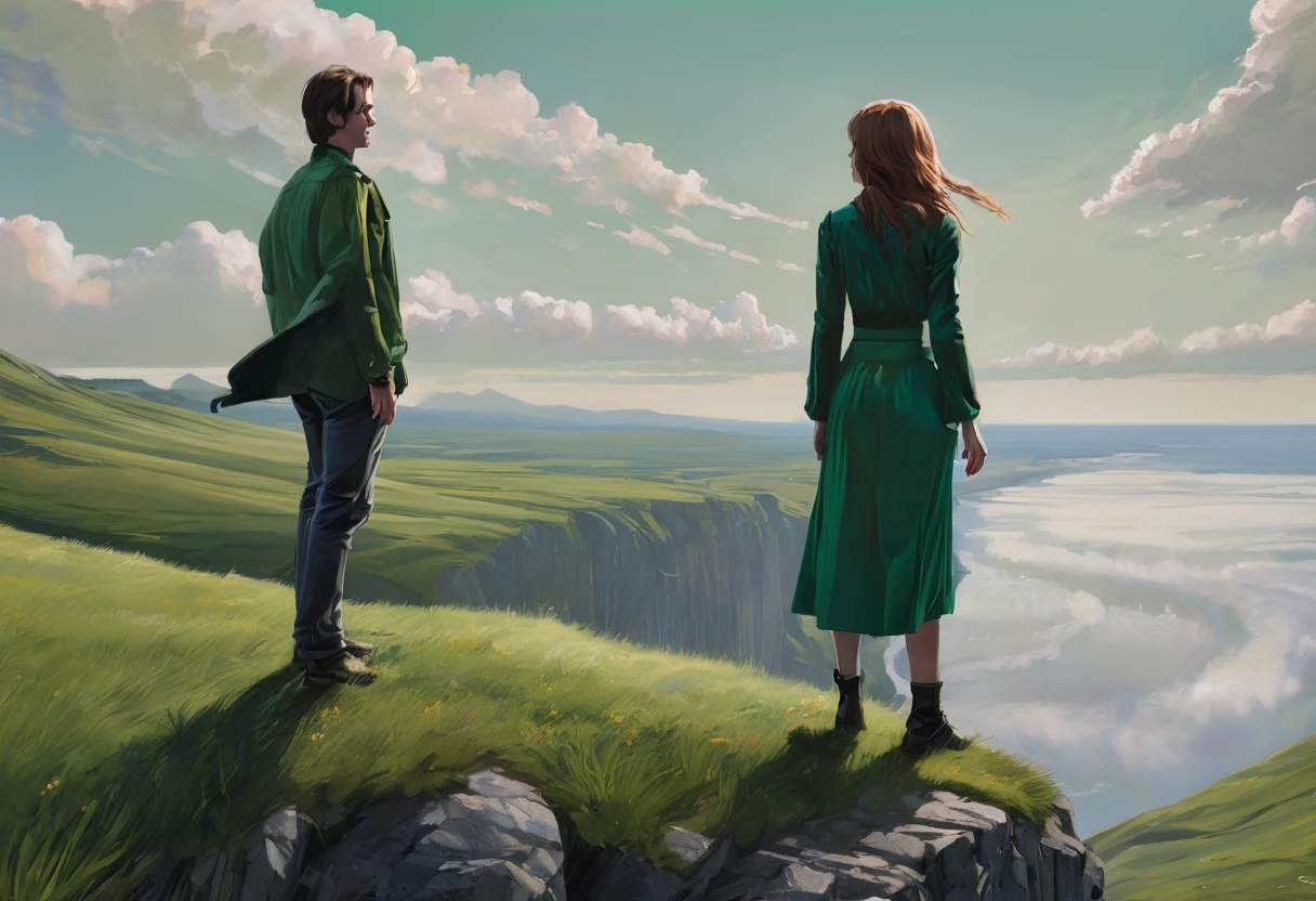 a woman and a man standing hold hands at the edge of a cliff with green grass, ciel rosée dramatique par Seb McKinnon