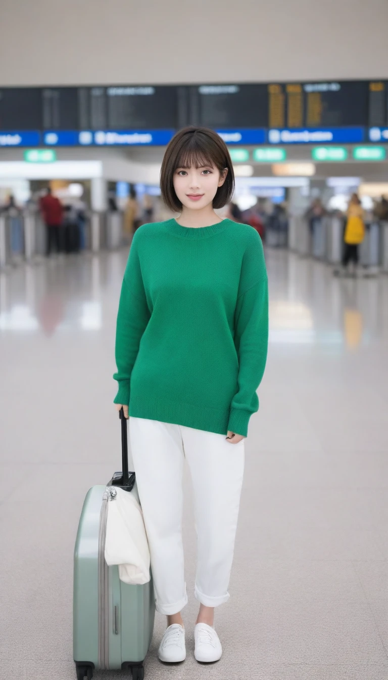 beautiful korean girl , 32 inch chest size, Your eyes are big and pretty. Short in stature. Standing in the departure hall of the airport. . short medium hair, Standing in line at the departure hall of Frankfurt Airport, Germany. He wore a white shirt, a green jumper, and white casual pants.s.Dragging a suitcase. short medium hair, short height, Full body shot with Canon camera 16-35 wide angle lens, short medium hair. expressionless, full body shot, perfect fingers, Make the airport electronic display visible, 멀리 full body shot, uhd