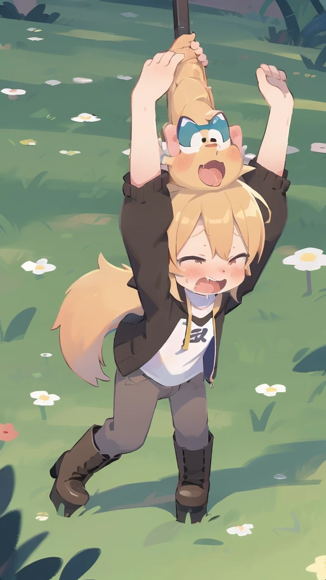 background:ground,Sex,Drooling,Wolf,Shota,Restraint and torture,sexual torture,Tickle torture,Wagging tail,Coat of blue,hoodie,Moe sleeves,Brown trousers,Knee-high boots,Platform heels,stretching arms upwards,blush