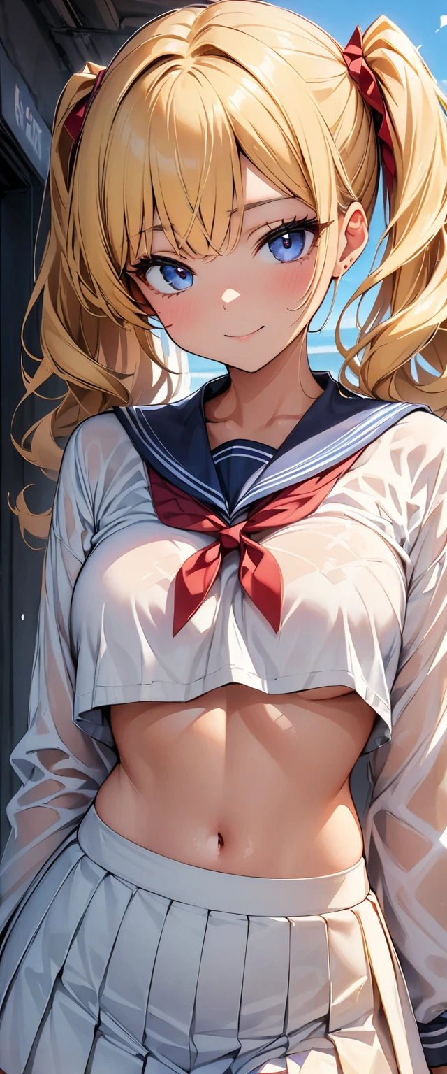 (highest quality, 4k, masterpiece :1.3), Beautiful woman, 1 girl, (chest, attractive body :1.2), JK:1.1, blonde twintails: 1.1, sailor suit, fine eyes, double eyelid