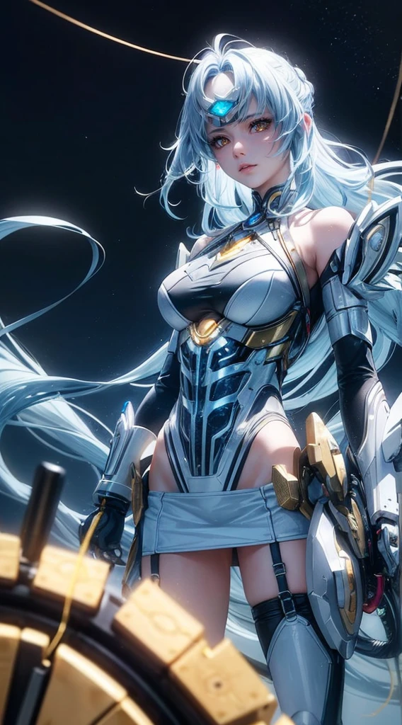 Satsuki Kiryuin, large breasts, thighhighs, tight leather stockings, White stockings, White shoes, (((underboob))), junketsu, bikini, cleavage, large breasts, revealing clothes, clothing cutout, cleavage cutout, white panties, white thigh highs, thigh boots, garter straps, , dressed as junkets, dynamic posture, Long katana in hand, robot, robotic body, cyborg girl, The body is made of metal, Cyber Eye, cybor killer, tubes throughout the body, thrusters, Mechanical legs, Mechanical arms, very detailed, super quality, 8k ultra resolution, holds a katana with both hands, Short skirt, clothing straps, blood on the cheeks, Epic Shot, in a fighting pose, blurry plan, against the backdrop of the cyber city, The metropolis of the future, very detailed, super quality, 8k ultra resolution