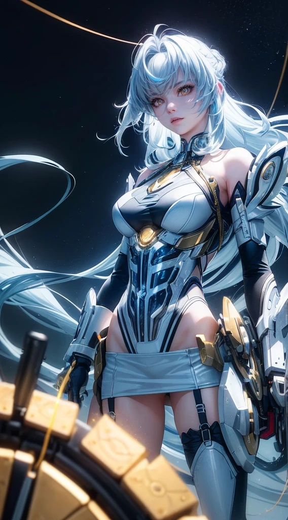 top-quality、masterpiece、超A high resolution、(Photorealsitic:1.4)、1 girl、Light blue hair、Straight hair, shiny and clean hair、White shiny skin、Sexy Cyberpunk Girl、((super realistic details))、Shadow、octan render、ultrasharp、hyperdetailed face、Fiberglass、Luminous tube、highly intricate detail、Realistic light、CGSoation Trends、((Golden Eyes))、(Facing the camera)、neon detailechanical limbechanical vertebrae attached to the back、mechanical cervical attaching to neck、Wires and cables connecting to the head、((valkyrie))、((Beam Cannon))、Combat stance、cosmic space