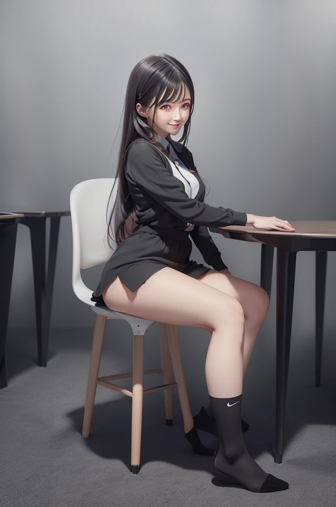 ((Highest quality、、Representative works details、Ultra-high resolution))、(Group photo)、(Looking at the audience)、(Mid Shot:)、Attractive business woman、1 person、A little chubby:0.25、White collar shirt、Grey Skirt、(sitting cross-legged on a chair))、smile、president's office、Large Bust、mini skirt、Panties Run-6500-v1.1、(RAW Photos:1.2)。
(Photorealism)。(Genuine:1.4)。One Girl、Perfect full body anatomy。30 years old、Looking at the camera。Black knee-high socks are perfect、Delicate and beautiful。。、There is always one Nike logo visible on the socks.。The socks are of super high quality。The two legs are beautifully placed.、The entire sock is always visible。Medium Long Hair、Best Check。((Changes in the meeting room:1.3) )。(Wearing surreal black socks with the Nike logo on them:Black Nike socks close up 1.2)。(Black stiletto heels)。Stiletto heels are beautiful all the way to the toes、
(Business services)、Asian Eyes Era、Wear:Beautiful black Nike thigh-high socks