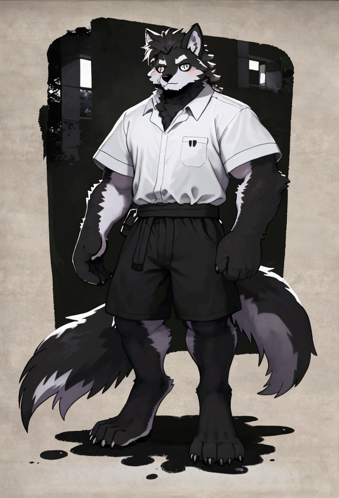 (Thin arms),(Thin legs),masterpiece, best quality, Official Art, Extremely detailed CG unified 8k wallpaper, Ultra Detailed, Best Illustration, , Ink fur, hairy male, Wolf Boy, hairy, Ink fur, 1 Boy,, male focus,, Striped hair, Wolf ears, Animal ears, Single speaker, Ink fur, Bangs, dark hair, White highlights, Medium Hair, Solitary, Ink tail,hairy尾巴,(Black pupil),High target,(campus),,barefoot,(Sexy),((High target and strong)),side,(Delicate eyes:1.2),Inky eyes,male,Solitary,(Inky pupils),(Detailed face),(Sharp eyes),Permanent,(Detailed hands),(Foot details),aldult,type,Moderate,Long legs,(Detailed fingers),(Delicate eyes),(White shirt),(Black shorts),easy,(Big Bag)