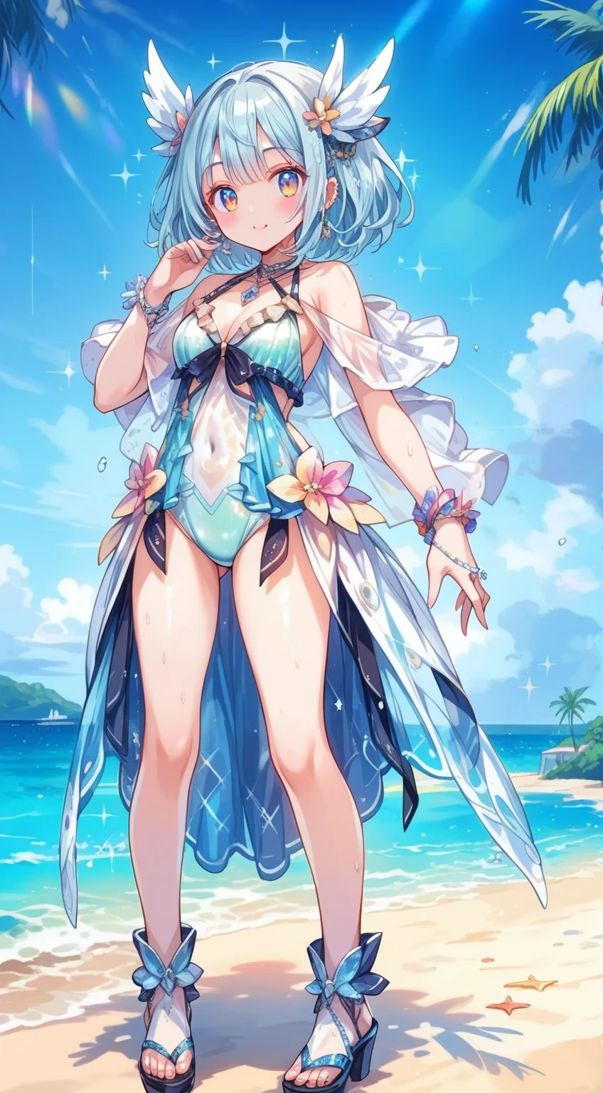 score_9, score_8_up, score_7_up, source_anime,masterpiece, best quality, high resolution, extremely detailed CG, absurdres, highres, 1girl, a dark skin girl in a swimsuit, posing at the beach, (light blue hair), golden_decorations, feathers on swimsuit, ((glitter swimsuit, shiny swimsuit)), Ombre swimsuit, gorgeous swimsuit, beach and blue sky in background, ((transparent_dress)),Colorful portraits, happy,AissistXLv2