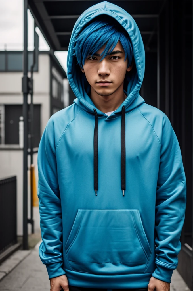 Anime Boy, Blue hair, serious face, wearing hoodie und start jemanden ernst an, wearing hoodie 