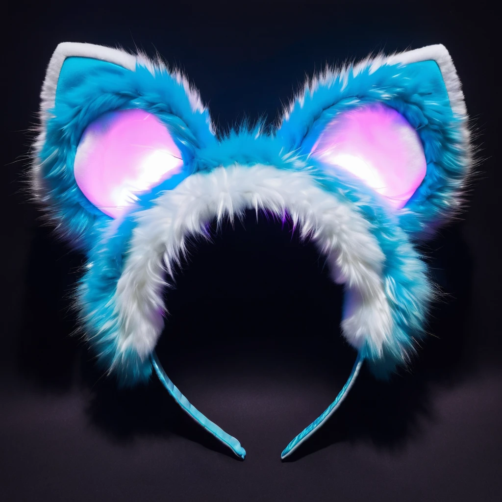 Close-up of a pair of furry ear headbands,Headband headdress,lights on, Gorgeous lighting,led,anime ears, Animal ears, Mouse ears, fluffy Fox ears, Glowing neon bow, Cat ears, metal Cat ears and glowing eyes, fake Cat ears, With blue lights, Wolf ears, Headband, Cat ears and tail, Fox ears, Cute ears, Ears shine through the light