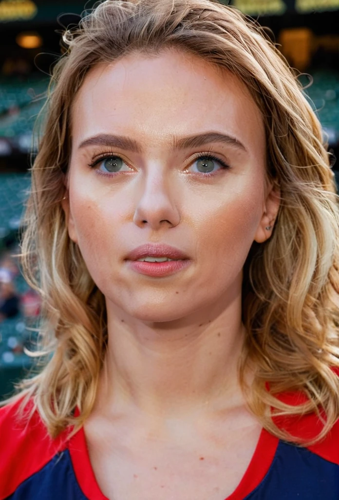 professional close-up portrait photography of the face of a beautiful ((ohwx woman)) at baseball stadium during Twilight, Nikon Z9