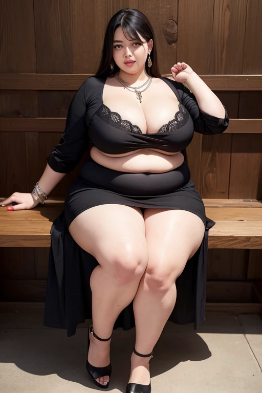 130kg extremely obese woman, abdominal exposure, exposed navel, mini skirt, high heel, earring, necklace, bracelet