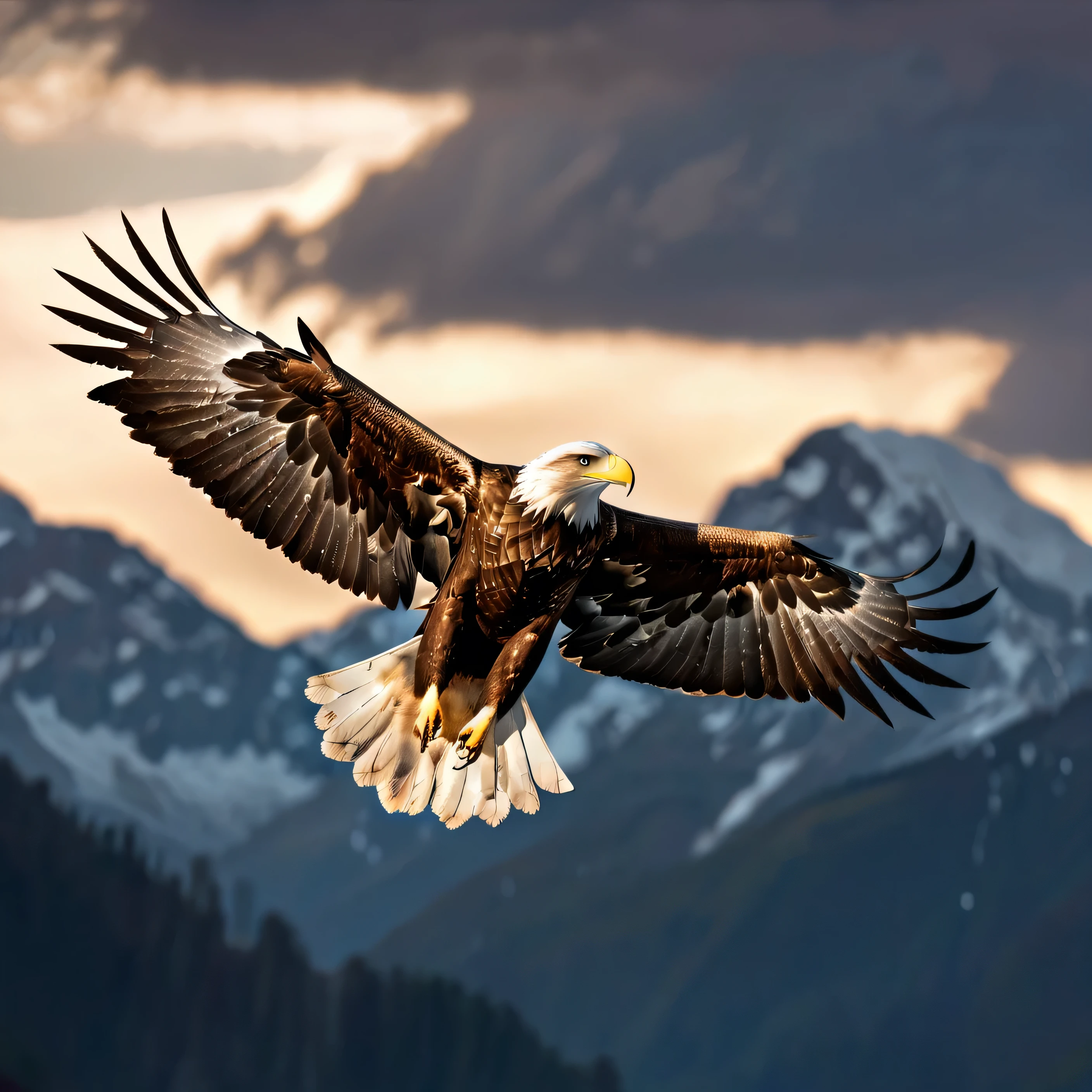 A majestic eagle soaring gracefully through the sky, (realistic,photorealistic,photo-realistic:1.37), (best quality,8k,highres,masterpiece:1.2),ultra-detailed, realistic eagle, detailed feathers, powerful wings, golden eyes, sharp beak, brown and white plumage, dramatic lighting, dramatic sky, cinematic composition, vivid colors, stunning landscape, depth of field