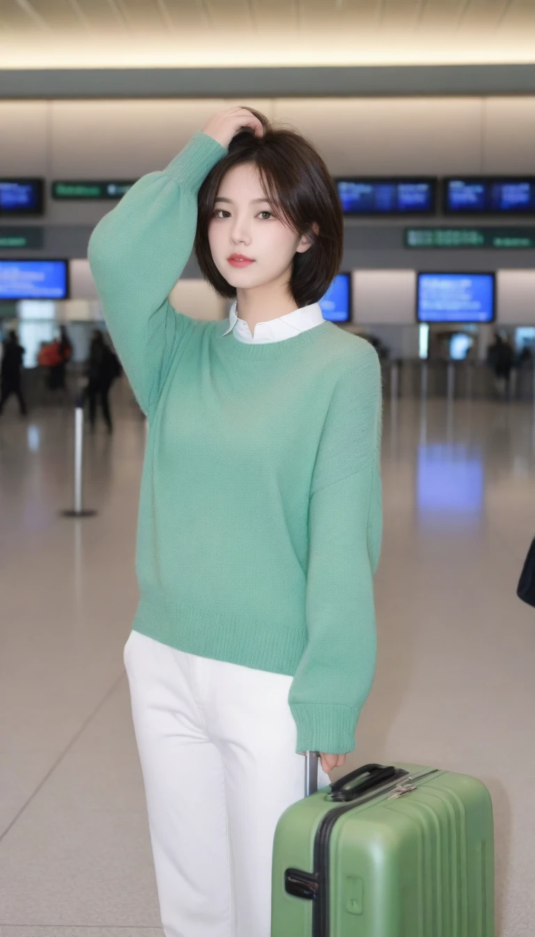 beautiful korean girl , 32 inch chest size, Your eyes are big and pretty. Short in stature. Standing in the departure hall of the airport. . short medium hair, Standing in line at the departure hall of Frankfurt Airport, Germany. He wore a white shirt, a green jumper, and white casual pants.s.Dragging a suitcase. short medium hair, short height, Full body shot with Canon camera 16-35 wide angle lens, short medium hair. expressionless, full body shot, perfect fingers, Make the airport electronic display visible, 멀리 full body shot, I see an electronic display board, uhd