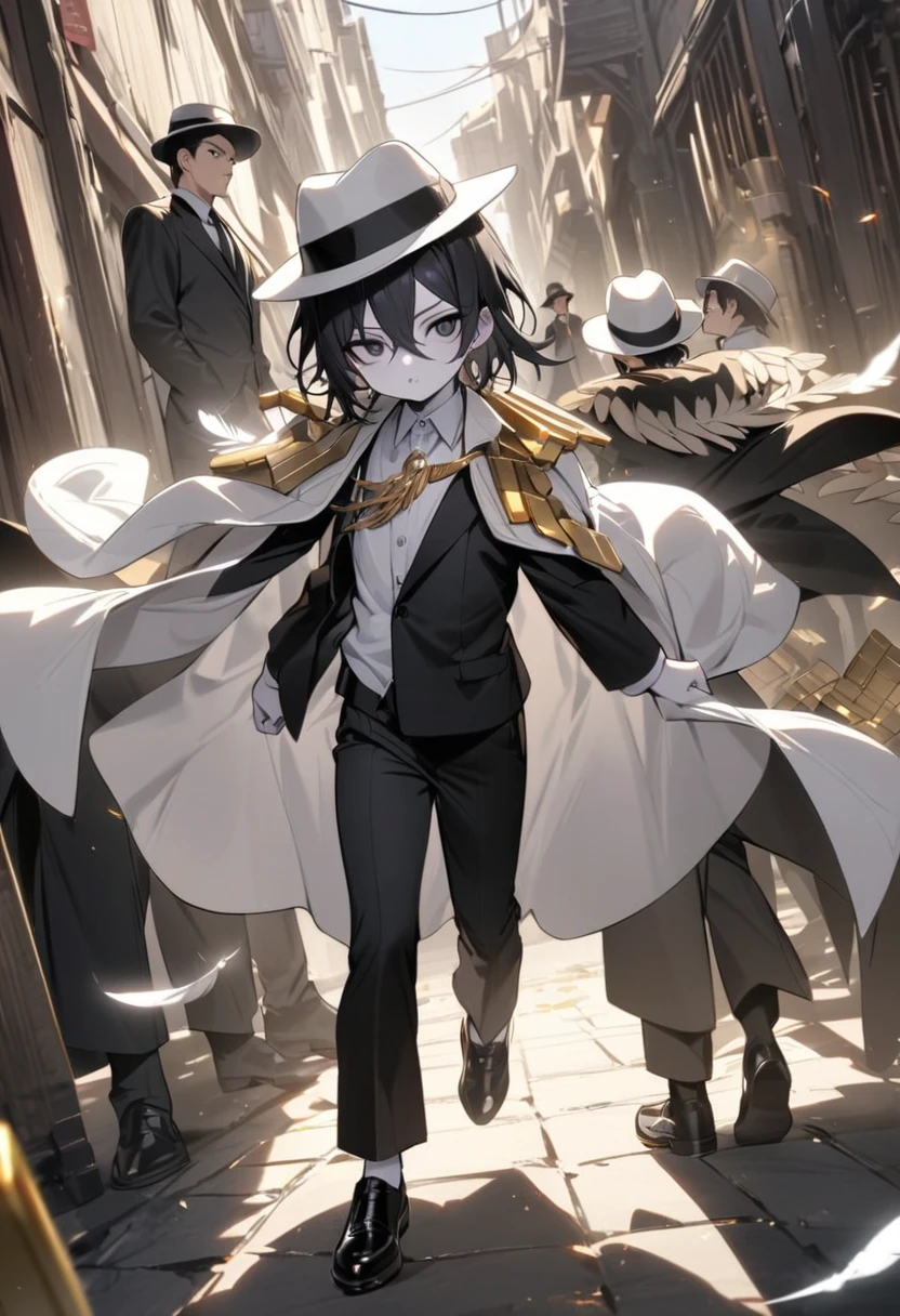 Masterpiece, children, boys, pale skin, black eyes, black hair, white shirt, black suits, black trousers, black shoes, white long jacket with gold bars on the shoulders, black short robe with feathers, black and white fedora hat, red riversible stole, sharp gaze