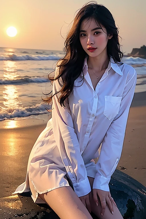 sweetheart_shirt_nopants wetใสโปร่ง มองเห็นผิว, ,8K, (sexy),cute,(realistic:1.1), (photorealistic:1.1), (Masterpiece:1.1), (best quality:1.1), raw image, height, Very detailed, Highly detailed RAW color photos,professional photos,Masterpiece, best quality,realistic,Real leather,1 girl,low_important,alone,light,long hair,,wet, beach,sunset,sunrise,twilight,bird,wave,
Beautifully detailed eyes,(nose blush),(sit),
(detailed face:1.2),very beautiful face,