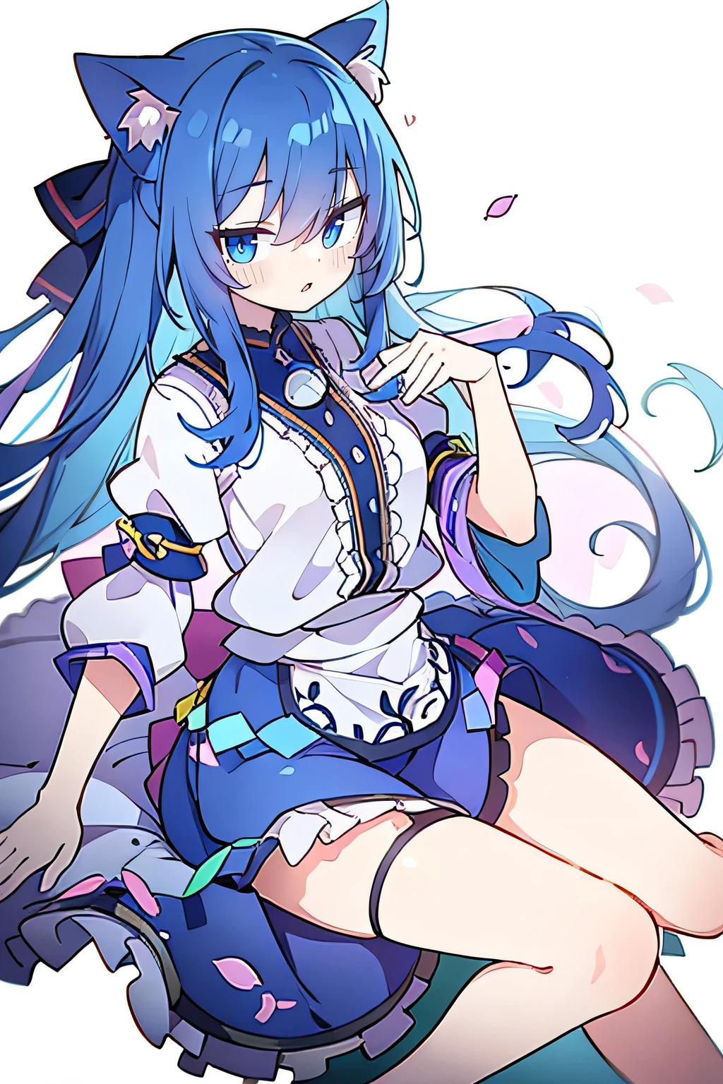 （masterpiece：1.2），Super detailed，lifelike，Expressive eyes，fair skin，perfect face shape，1 girl，
Japanese comics,Gorgeous blue hair,flowing blue hair,flowing clothes,Cat ears,Petals fall,beautiful lola,Baby Angel,
Shaking head with one hand，Lying gracefully on the ground，Cross your legs，Gentle and peaceful background，The pavilion is cool and comfortable,smile.