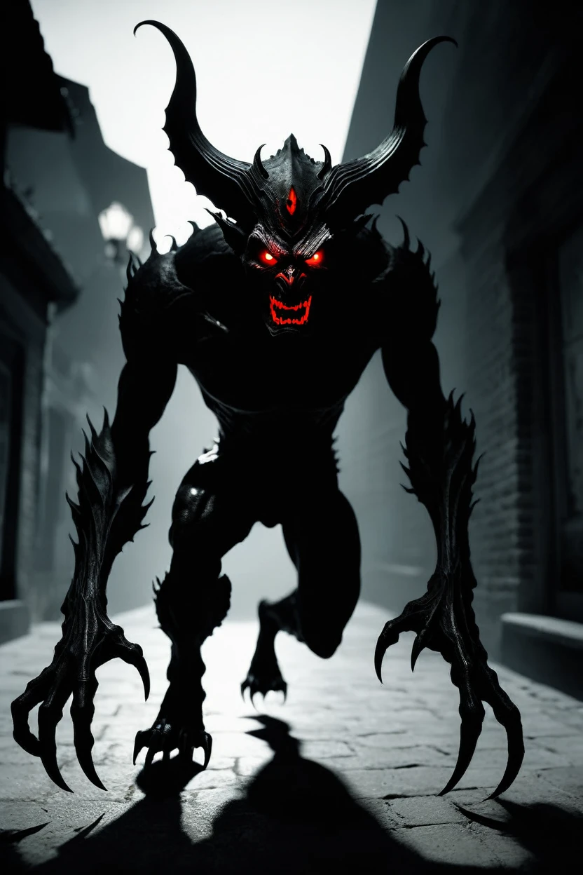 a demon of black shadows with red eyes who runs towards the camera in a horror film effect and is scary
