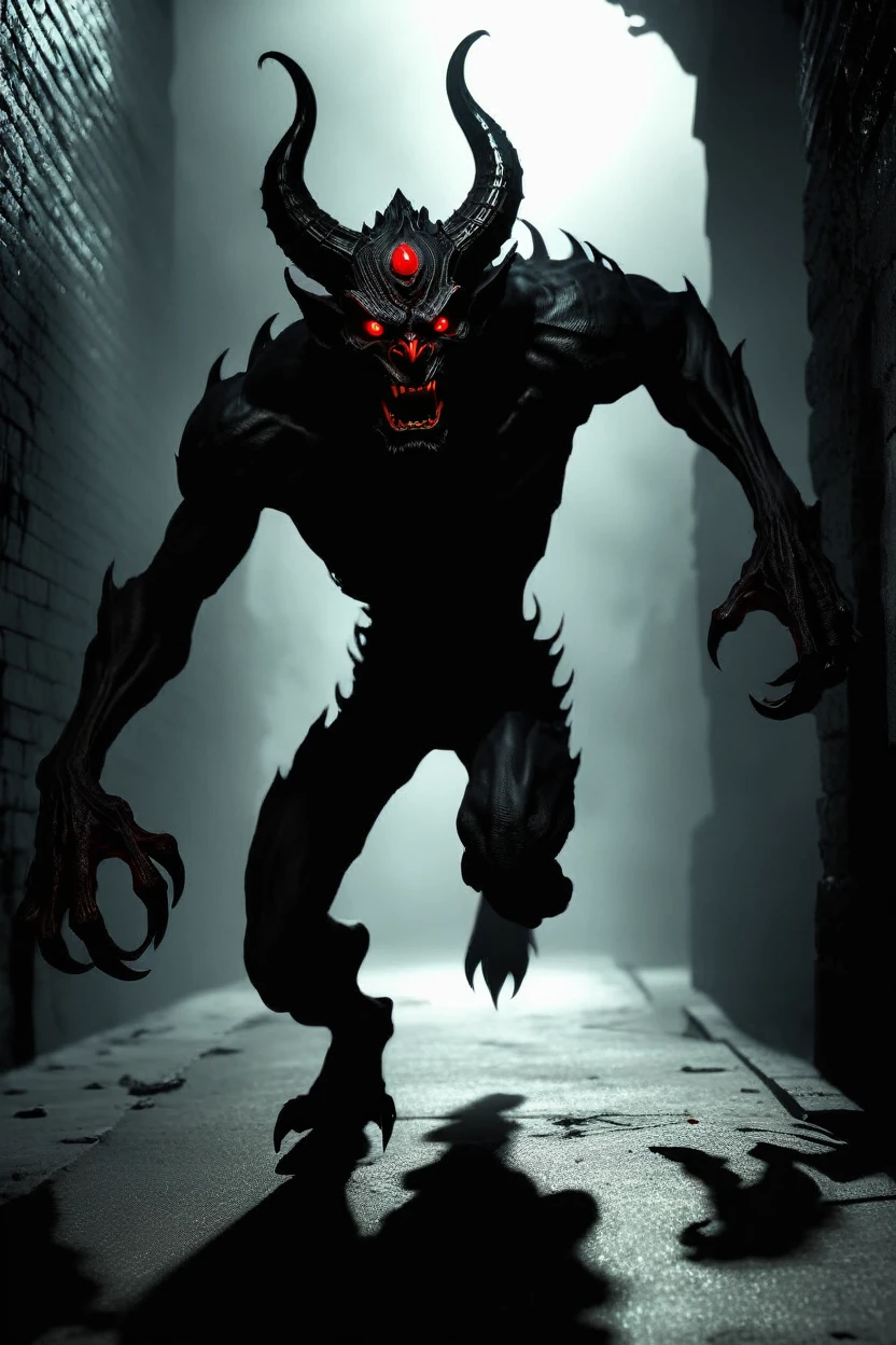 a demon of black shadows with red eyes who runs towards the camera in a horror film effect and is scary