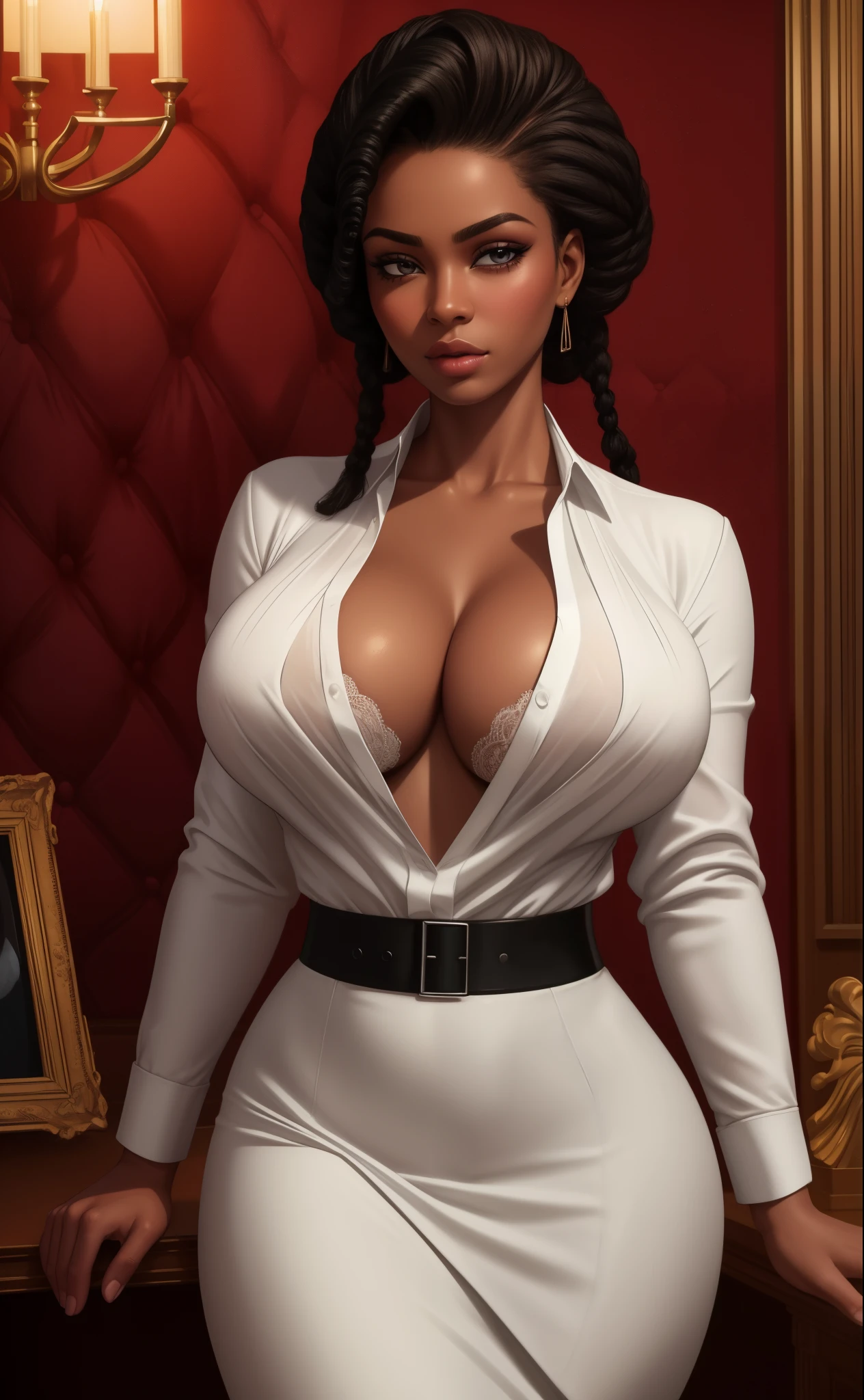 a beautiful black woman in a white silk shirt with a deep v-neck, wearing a business suit, a red lace bra peeking through, and a pencil skirt, with black afro cornrows hairstyle, (best quality,4k,8k,highres,masterpiece:1.2),ultra-detailed,(realistic,photorealistic,photo-realistic:1.37),intricate details,dramatic lighting,chiaroscuro,high fashion editorial,glamorous,cinematic