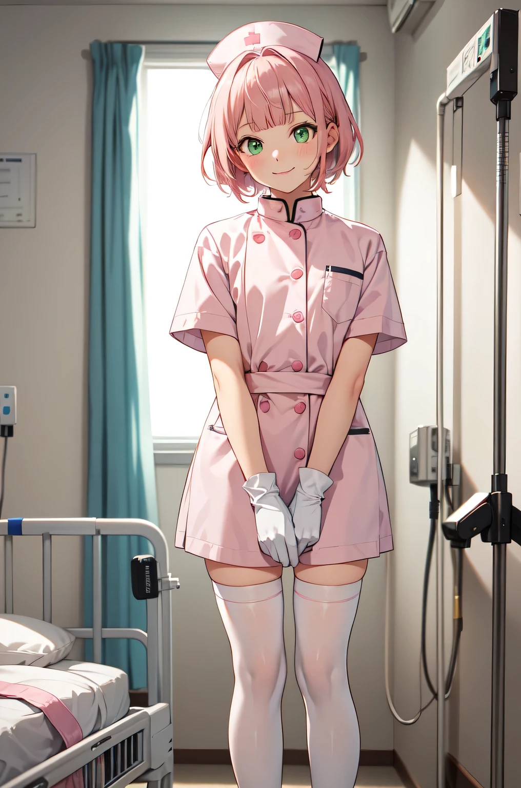 1boy, solo, male focus, nurse, white nurse cap, white nurse uniform, ((white legwear, zettai ryouiki)), white gloves, blunt bangs, pink hair, green eyes, drooping eyes, smile, standing, ((hospital room)), sharp outline, short sleeves, shota, ************, best quality, masterpiece