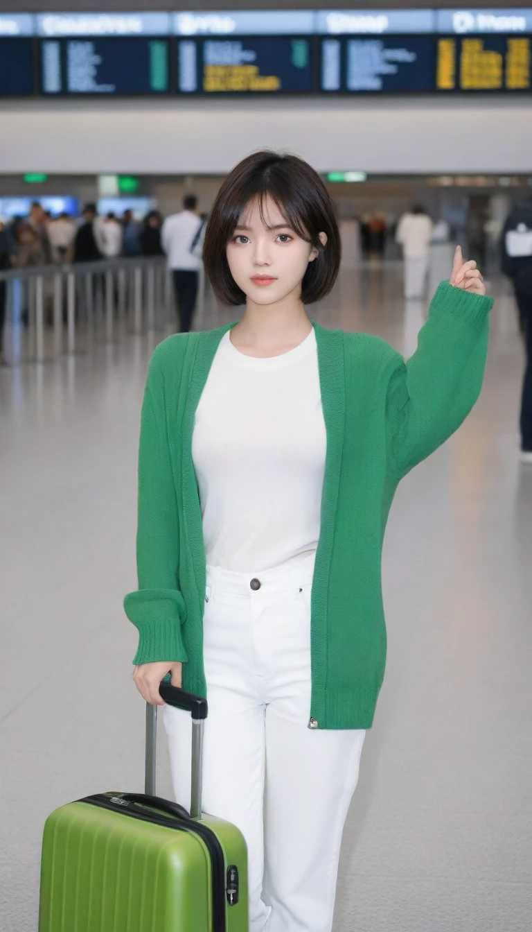 beautiful korean girl , 32 inch chest size, Your eyes are big and pretty. Short in stature. Standing in the departure hall of the airport. . short medium hair, Standing in line at the departure hall of Frankfurt Airport, Germany. He wore a white shirt, a green jumper, and white casual pants.s.Dragging a suitcase. short medium hair, short height, Full body shot with Canon camera 16-35 wide angle lens, short medium hair. expressionless, full body shot, perfect fingers, Make the airport electronic display visible, 멀리 full body shot, I see an electronic display board, uhd