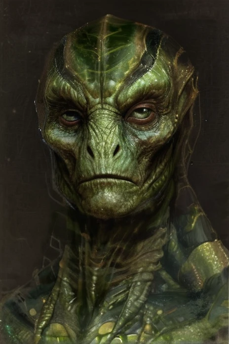 repitilian, alien, with three fingers, without tail, strong legs, fragile arms, 3 to 4 meters tall