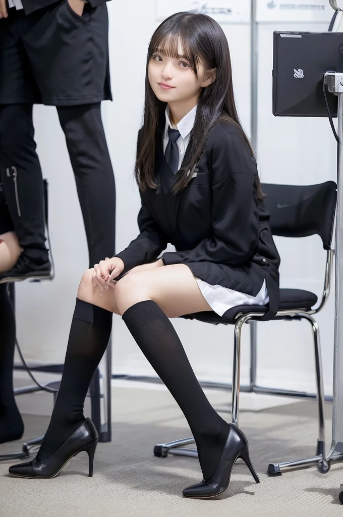 ((Highest quality、、Representative works details、Ultra-high resolution))、(Group photo)、(Looking at the audience)、(Mid Shot:)、Attractive business woman、1 person、A little chubby:0.25、White collar shirt、Grey Skirt、(sitting cross-legged on a chair))、smile、president&#39;s office、Large Bust、mini skirt、Panties Run-6500-v1.1、(RAW Photos:1.2)。
(Photorealism)。(Genuine:1.4)。One Girl、Perfect full body anatomy。30 years old、Looking at the camera。Black knee-high socks are perfect、Delicate and beautiful。。、There is always one Nike logo visible on the socks.。The socks are of super high quality。The two legs are beautifully placed.、The entire sock is always visible。Medium Long Hair、Best Check。((Changes in the meeting room:1.3) )。(Wearing surreal black socks with the Nike logo on them:Black Nike socks close up 1.2)。(Black stiletto heels)。Stiletto heels are beautiful all the way to the toes、
(Business services)、Asian Eyes Era、Wear:Beautiful black Nike thigh-high socks