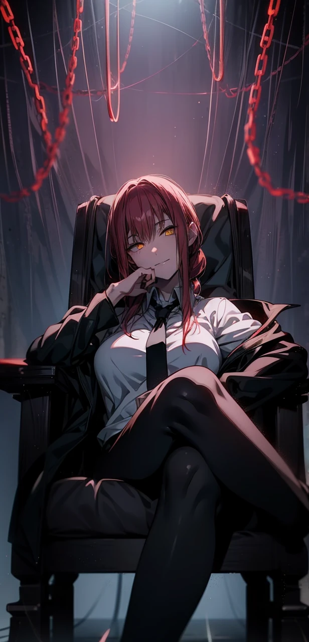 Makima, ringed eyes, light-red hair, braided ponytail, bangs, glowing yellow eyes, sidelocks, long hair, white polo uniform, 1girl, black leggings, sitting on the chair, elegant black chair, solo, bangs, red glowing chains in the background, looking_at_viewer, shadow, smirking, legs crossed, (shaded face:1.2), hollow eyes, ringed eyes, yellow eyes, looking at viewer, heavy breathing, seductive smile, lips, hood, "glow effects, godrays, Hand drawn, render, 8k, octane render, cinema 4d, blender, dark, atmospheric 4k ultra detailed, cinematic, Sharp focus, big depth of field, Masterpiece, colors, 3d octane render, 4k, concept art, trending on artstation, hyperrealistic, Vivid colors, extremely detailed CG unity 8k wallpaper, trending on CGSociety, Intricate, High Detail, dramatic"