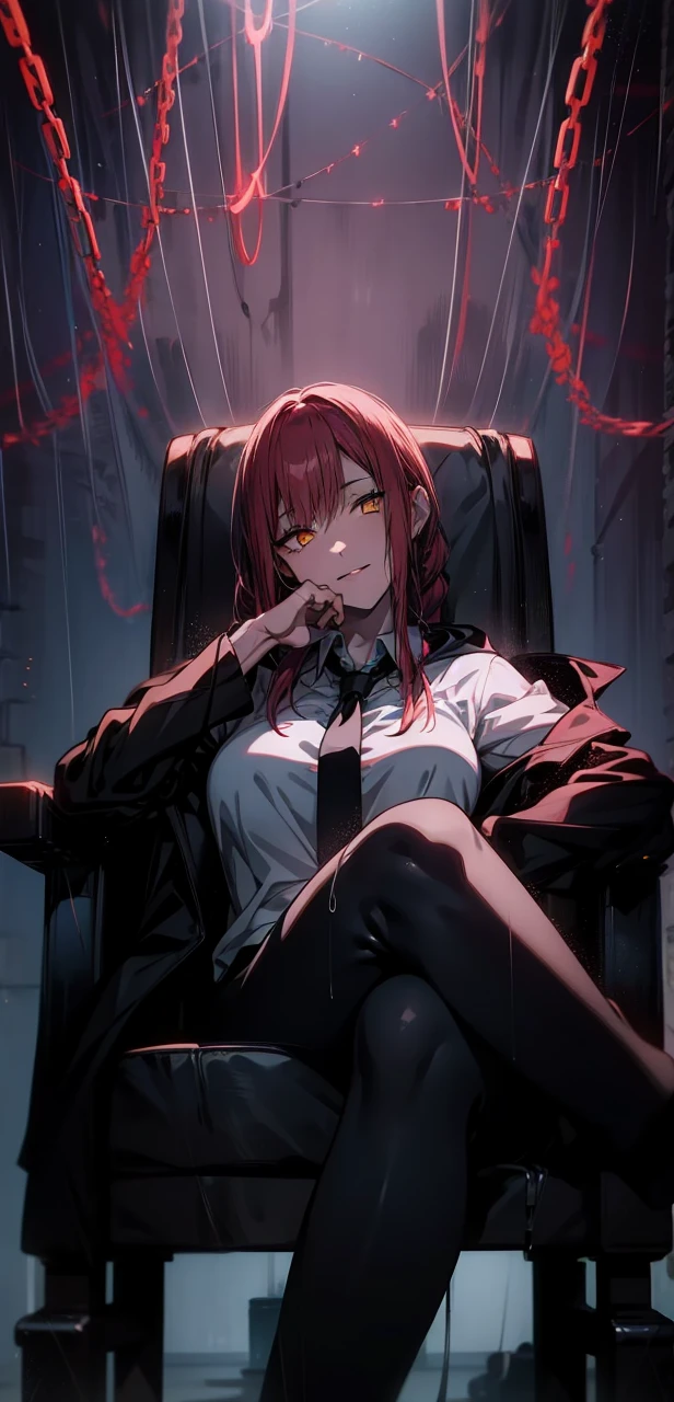 Makima, ringed eyes, light-red hair, braided ponytail, bangs, ((glowing yellow eyes)), sidelocks, long hair, white polo uniform, 1girl, black leggings, sitting on the chair, elegant black chair, solo, bangs, red glowing chains in the background, looking_at_viewer, shadow, smirking, legs crossed, (shaded face:1.2), hollow eyes, ringed eyes, yellow eyes, looking at viewer, heavy breathing, seductive smile, lips, hood, "glow effects, godrays, Hand drawn, render, 8k, octane render, cinema 4d, blender, dark, atmospheric 4k ultra detailed, cinematic, Sharp focus, big depth of field, Masterpiece, colors, 3d octane render, 4k, concept art, trending on artstation, hyperrealistic, Vivid colors, extremely detailed CG unity 8k wallpaper, trending on CGSociety, Intricate, High Detail, dramatic"