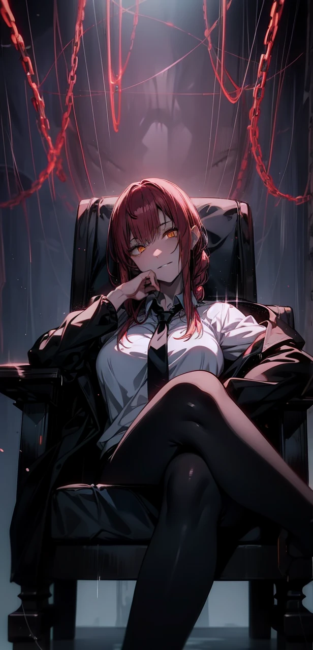 Makima, ringed eyes, light-red hair, braided ponytail, bangs, glowing yellow eyes, sidelocks, long hair, white polo uniform, 1girl, black leggings, sitting on the chair, elegant black chair, solo, bangs, red glowing chains in the background, looking_at_viewer, shadow, smirking, legs crossed, (shaded face:1.2), hollow eyes, ringed eyes, yellow eyes, looking at viewer, heavy breathing, seductive smile, lips, hood, "glow effects, godrays, Hand drawn, render, 8k, octane render, cinema 4d, blender, dark, atmospheric 4k ultra detailed, cinematic, Sharp focus, big depth of field, Masterpiece, colors, 3d octane render, 4k, concept art, trending on artstation, hyperrealistic, Vivid colors, extremely detailed CG unity 8k wallpaper, trending on CGSociety, Intricate, High Detail, dramatic"