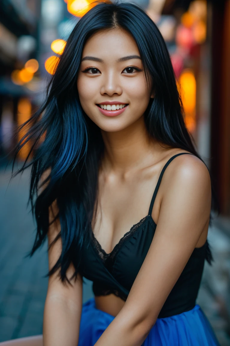 arafed woman with long black hair with blue high lighs sitting on the beach, flowing black hair, with black hair (((with blue high lights))), photo of a beautiful woman, long flowing blck hair, pink golden hour, curly black hair, beautiful young asian woman, beautiful asian woman, wild ginger hair, pink wispy hair, light pink hair, a young asian woman, an asian woman, infp young woman, Portrait photo of a 24-year-old french girl in RAW UHD format (Brown-eyed woman) Walk down the dark alley, night city, Details (textures! , Hair! , glistering, Color!! , imperfections: 1.1), highly detailed glossy eyes (looking at the camera), DSLR Lighting, SLR camera, Ultra-Quality, sharpness, Depth of field, Film grain (Downtown), Fujifilm XT3, Crystal clear, Frame Center, beatiful face, sharp-focus, neon lighting, bokeh (dimly lit), night time, (night sky), detailed skin pores, oilly skin, suntan, Complex eye details, (((beautiful face))), (((smiling)))
