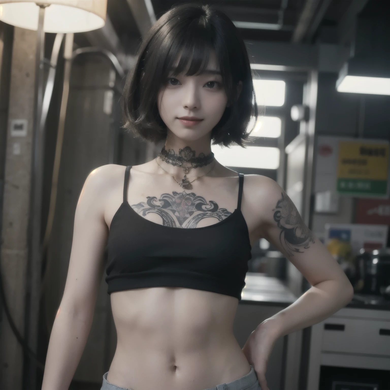 (night, Soft lighting, Highest quality, 8K, masterpiece, RAW Photos: 1.3) close-up portrait of woman with tattoo arms and top, ((tattoo body young girl, ink, tattoo, tattoo body:1.2)), 2 4-year-old female model, (black short t-shirt and mini skirt slit,) light brown hair, neckless, body piercing, short bob hairstyle, Half naked, Disheveled clothing, tattoo, Wearing a sexy crop top, Sexy girl in shorts, Tight waist, beautiful abdomen, ever small midriff, Very detailed, Intricate details, Very detailed face and skin, Under boob, The body is slim, Fine grain, Realistic, compensate, intellectual, Fascinating, Beautiful standing posture, small, in city, Invincible Smile, full body