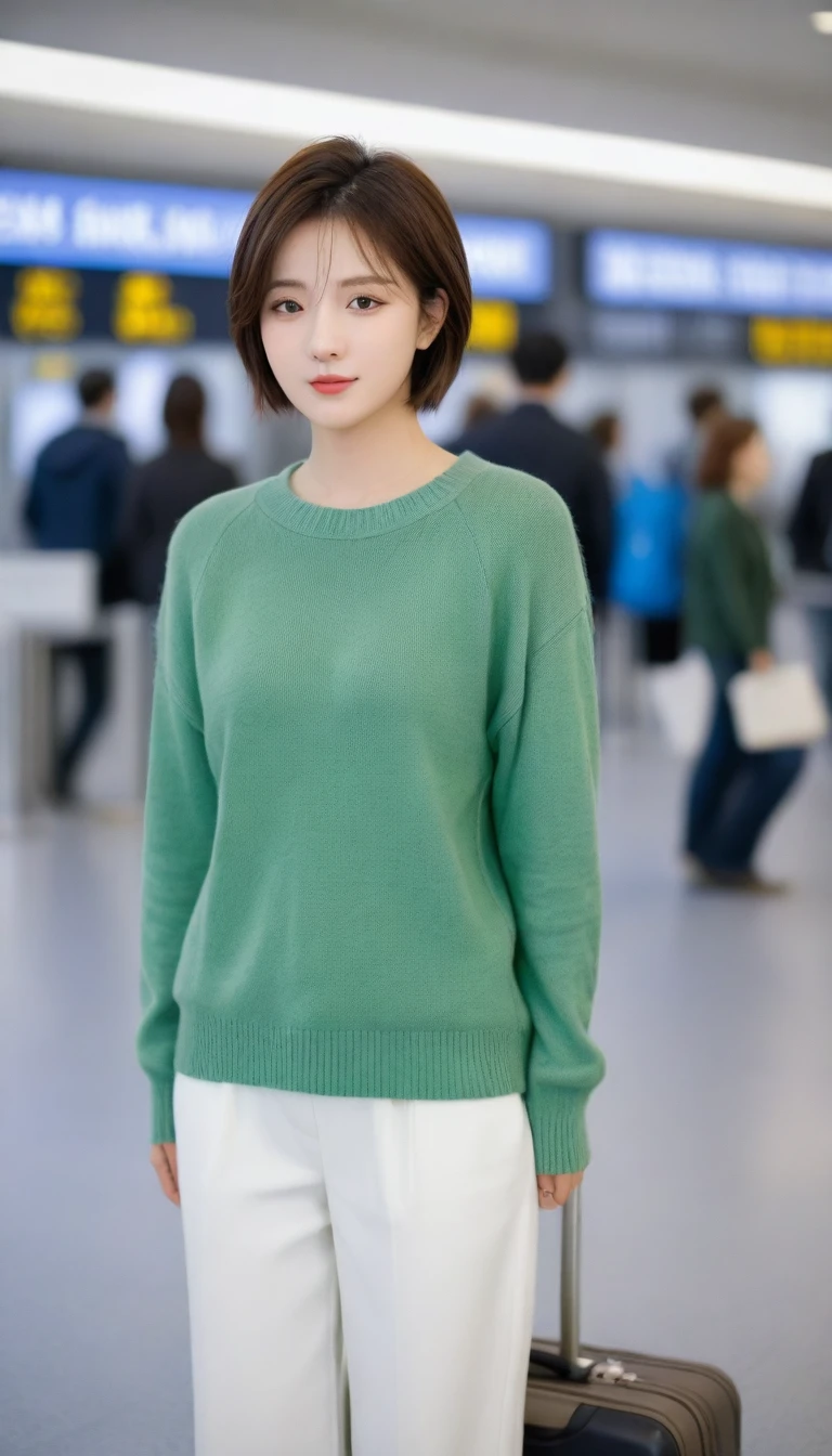 beautiful korean girl , 32 inch chest size, Your eyes are big and pretty. Short in stature. Standing in the departure hall of the airport. . short medium hair, Standing in line at the departure hall of Frankfurt Airport, Germany. He wore a white shirt, a green jumper, and white casual pants.s.Dragging a suitcase. short medium hair, short height, Full body shot with Canon camera 16-35 wide angle lens, short medium hair. expressionless, full body shot, perfect fingers, Make the airport electronic display visible, 멀리 full body shot, I see an electronic display board, uhd