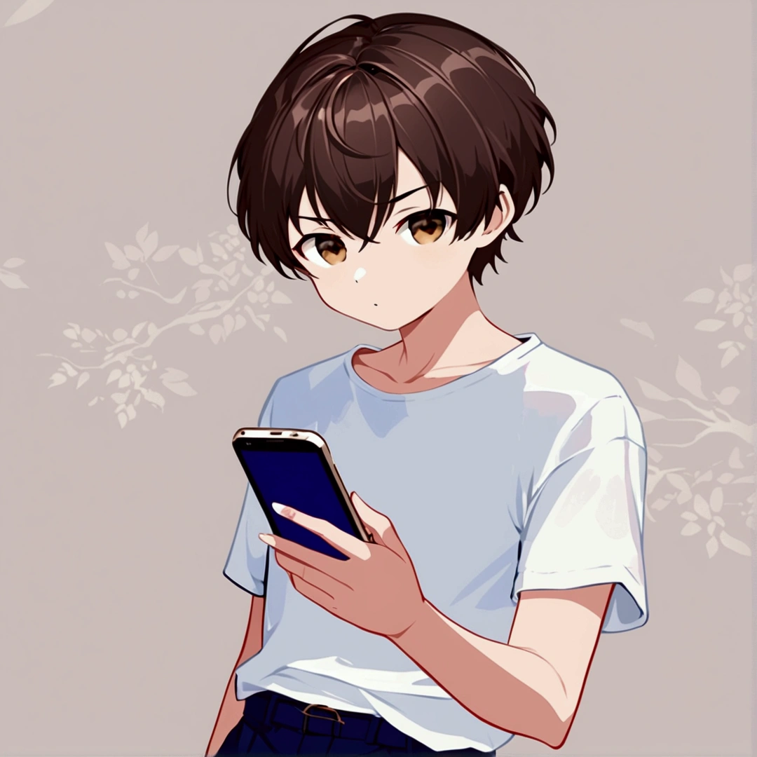 Create an image of a boy who is standing with his eyes focused on the smartphone he is holding in his hand.