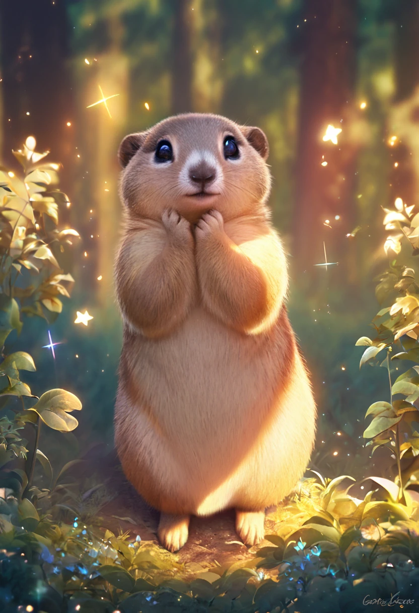best quality, masterpiece, cute and chunky prairie dog, cute pose, fantasy forest world, gentle sparkling image effects