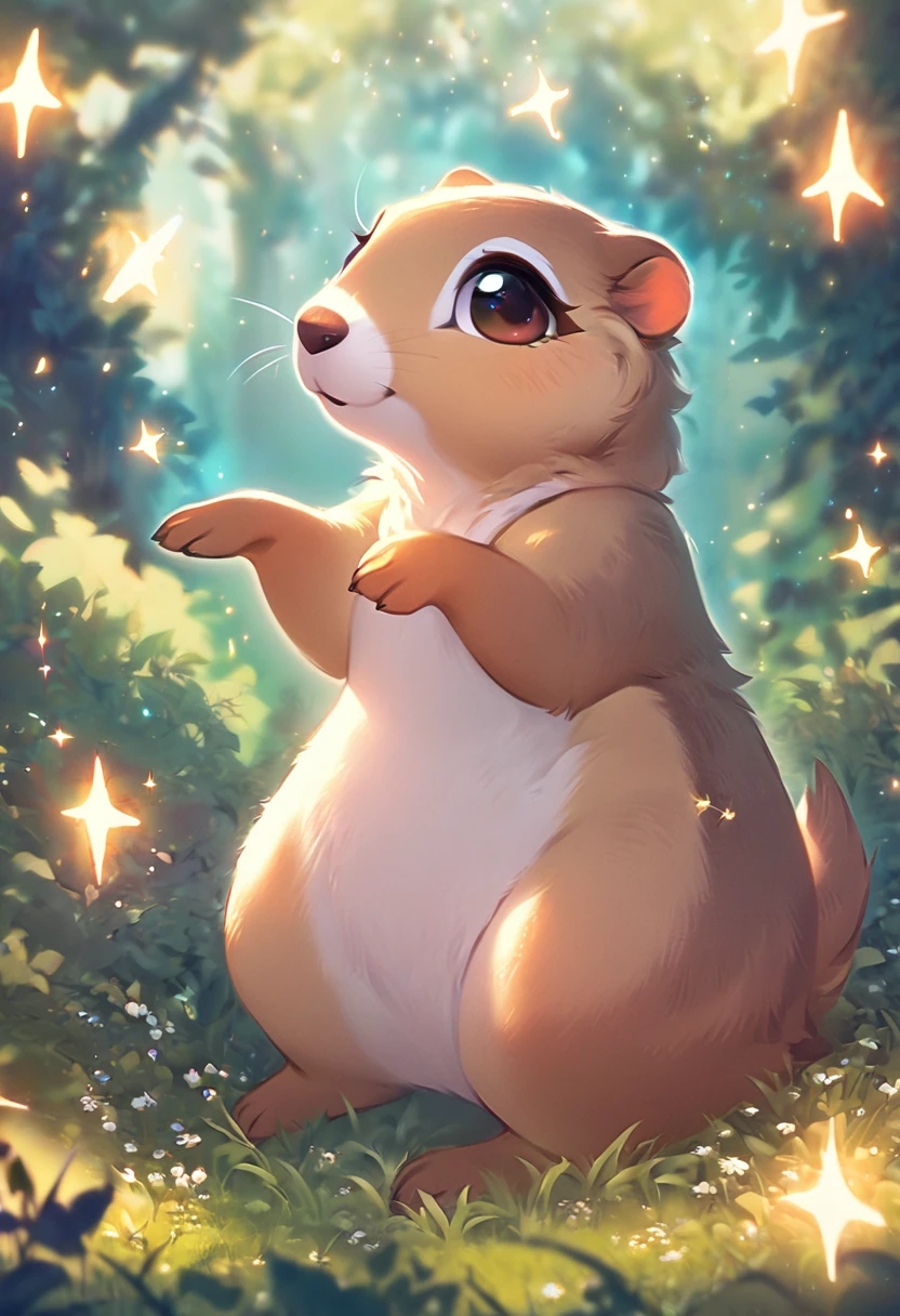 best quality, masterpiece, cute and chunky prairie dog, cute pose, fantasy forest world, gentle sparkling image effects