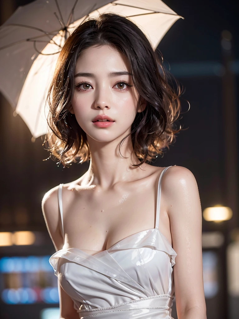Mix 4, (8k, Live Shooting, Highest quality, masterpiece: 1.2), (Real, Photorealistic: 1.37), 一人のgirl, cute, night, rain, Wetty, Professional Lighting, Photon Mapping, Radio City, Physically Based Rendering, Gradient black hair, Gray Hair, Short Curly Hair, good looking, girl, Highest quality写真, High resolution, 1080P, (Clear Face), (Detailed face description), (Detailed hand description), (masterpiece), (Exquisite CG)、Extreme light and shadow、Disheveled Hair、Masterwork、Rich details、(Fine facial features)、(Highest qualityの写真)、(Masterpiece)、(Detailed eyes)、Look in front of you、Detailed clavicle、((Mid-breasted))、Nipple erection、Sexy、Lady、Clear、Smooth Hair、Clothes are not shiny、rainで服が濡れている、My clothes are soaked、Clothes are wet and stick to the skin、大rain、ゲリラ豪rain