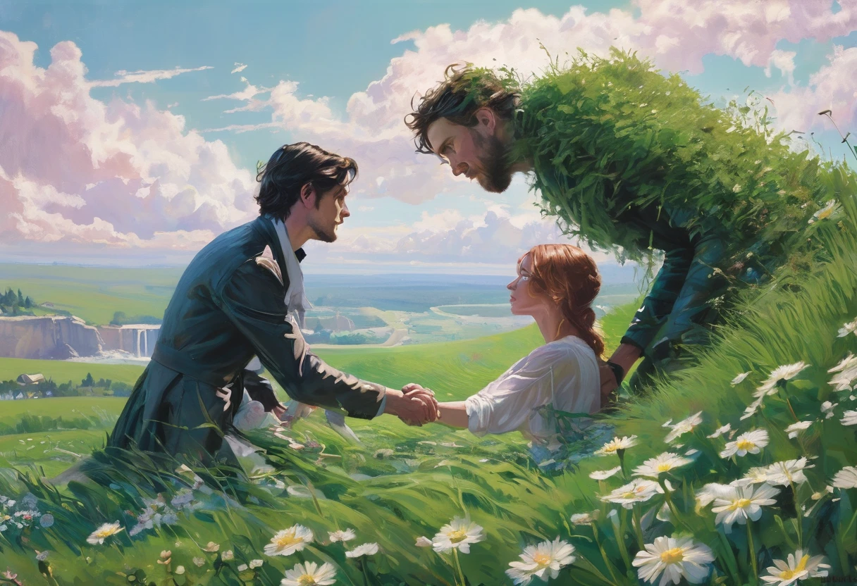 deux amants debout se tiennent la main au bord d'une falaise avec de l'herbe verte, ciel rosée dramatique par Seb McKinnon