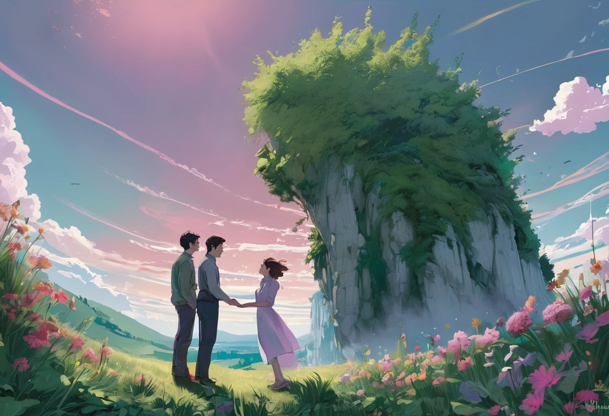 deux amants debout se tiennent la main au bord d'une falaise avec de l'herbe verte, ciel rosée dramatique par Seb McKinnon