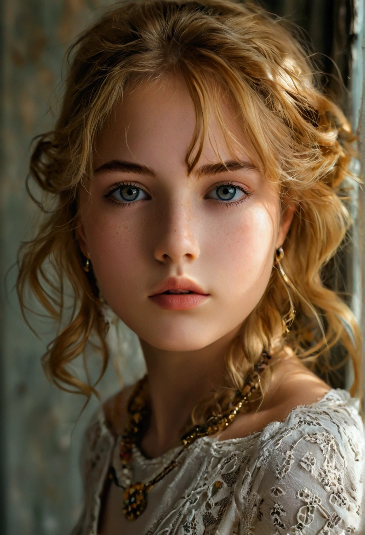 (réaliste, haute résolution:1.3)1 fille dans, 19 ans, seulement, cheveux longs, Colossal , regarder le spectateur, cheveux blond, épaules nues, yeux marrons, bijoux, Tout le corps, un collier, hors des épaules, Chandails, réaliste, Un sexy