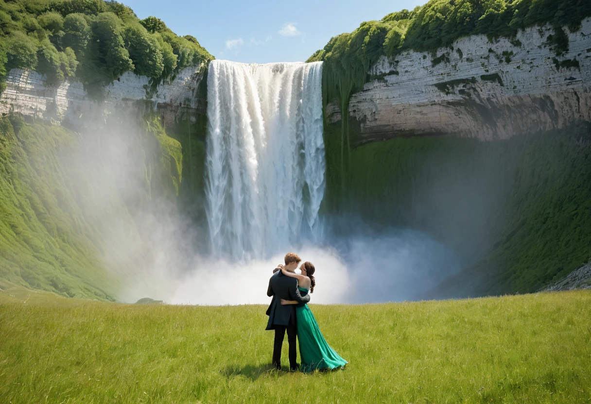 deux amants debout se tiennent la main au bord d'une falaise avec de l'herbe verte, ciel rosée dramatique par Seb McKinnon