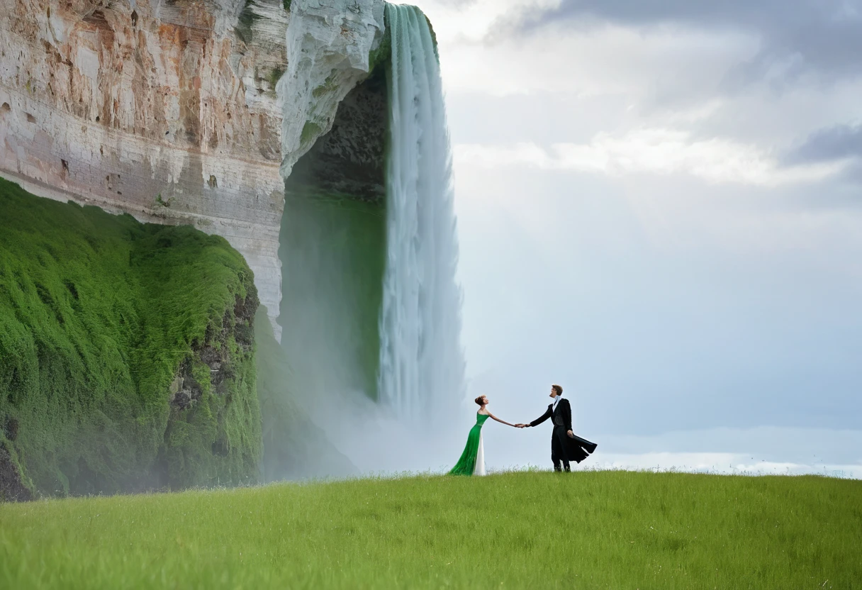deux amants debout se tiennent la main au bord d'une falaise avec de l'herbe verte, ciel rosée dramatique par Seb McKinnon