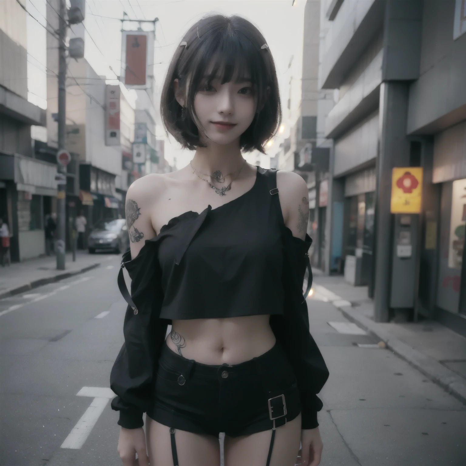 (night, Soft lighting, Highest quality, 8K, masterpiece, RAW Photos: 1.3) close-up portrait of woman with tattoo arms and top, ((tattoo body young girl, ink, tattoo, tattoo body:1.2)), 2 4-year-old female model, (black short t-shirt and mini skirt slit,) light brown hair, neckless, body piercing, short bob hairstyle, Half naked, Disheveled clothing, tattoo, Wearing a sexy crop top, Sexy girl in shorts, Tight waist, beautiful abdomen, ever small midriff, Very detailed, Intricate details, Very detailed face and skin, Under boob, The body is slim, Fine grain, Realistic, compensate, intellectual, Fascinating, Beautiful standing posture, small, in city, Invincible Smile, full body