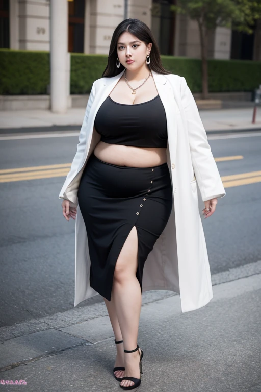 130kg extremely obese woman, abdominal exposure, exposed navel, mini skirt, high heel, earring, necklace, bracelet