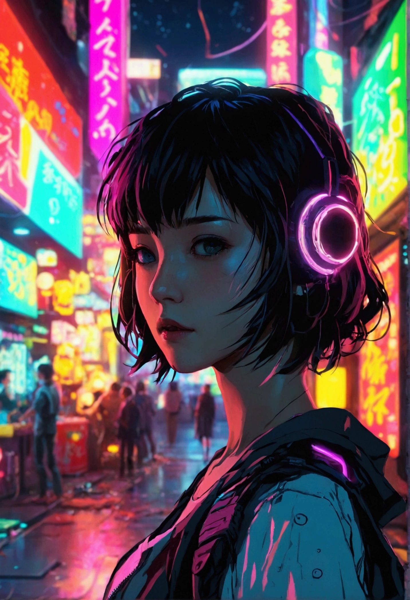 Modern simulation,Anime-style environment wide angle shooting,Nighttime chaotic arcade shots; A woman in casual clothes;Science Fiction. Line Art. Environmental Arcade Art.,Cyberpunk characters