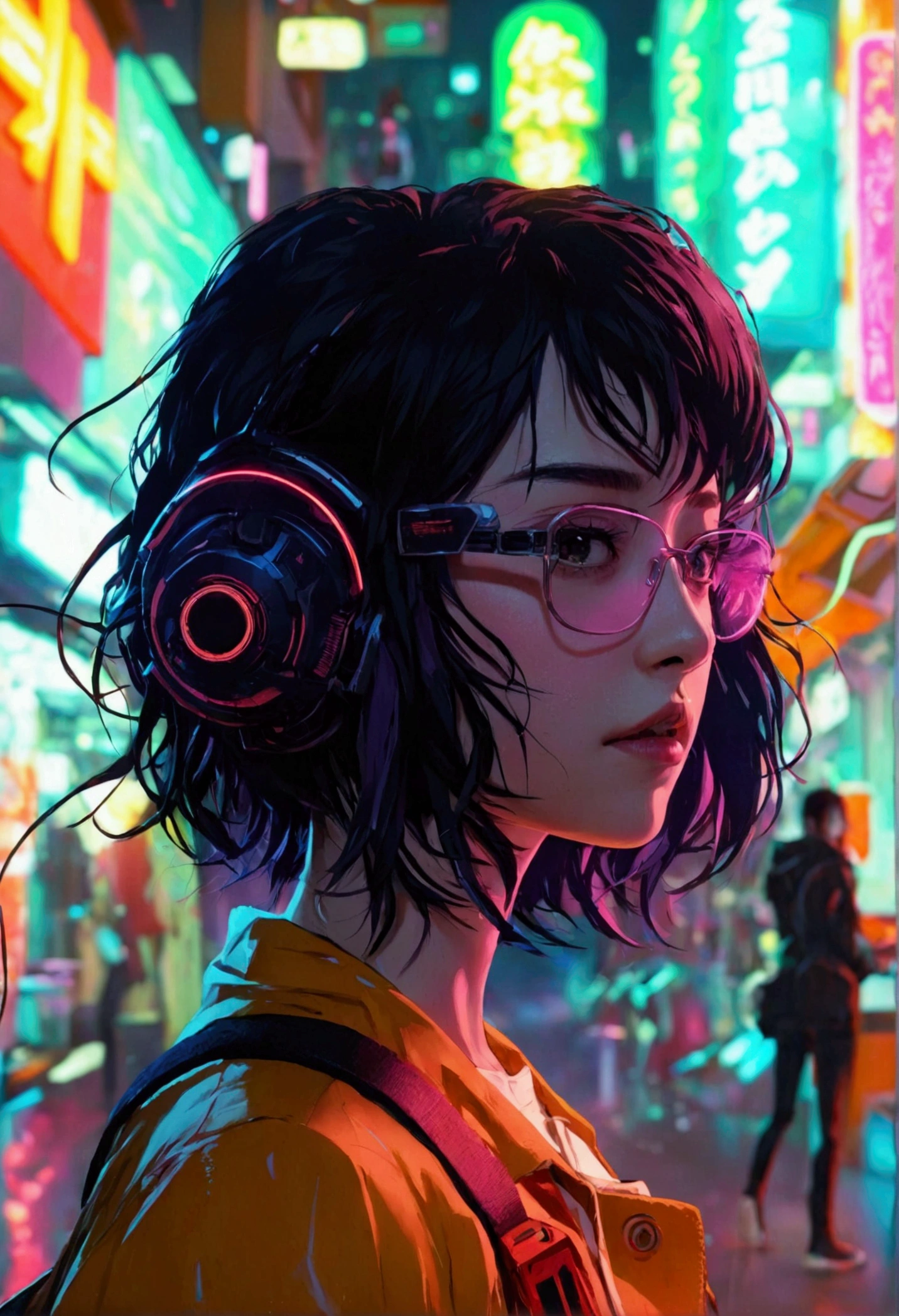 Modern simulation，Anime-style environment wide angle shooting，Nighttime chaotic arcade shots; A woman in casual clothes;Science Fiction. Line Art. Environmental Arcade Art.，Cyberpunk characters