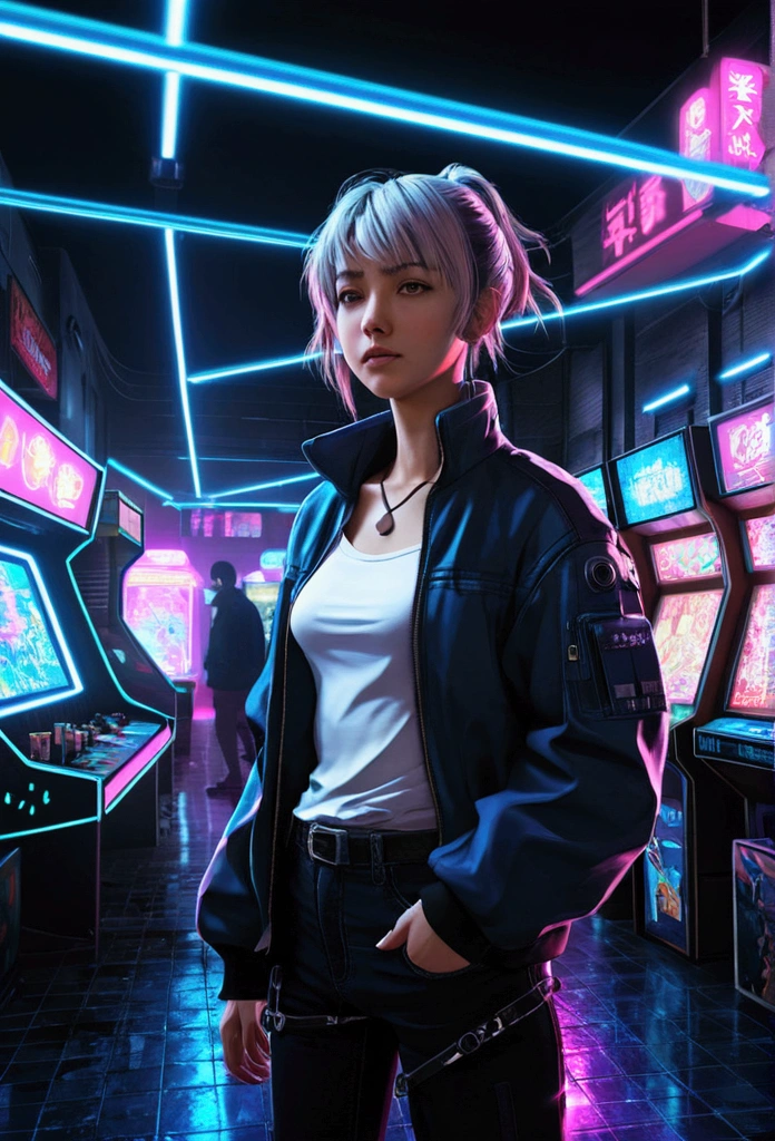 Modern simulation，Anime-style environment wide angle shooting，Nighttime chaotic arcade shots; A woman in casual clothes;Science Fiction. Line Art. Environmental Arcade Art.，Cyberpunk characters