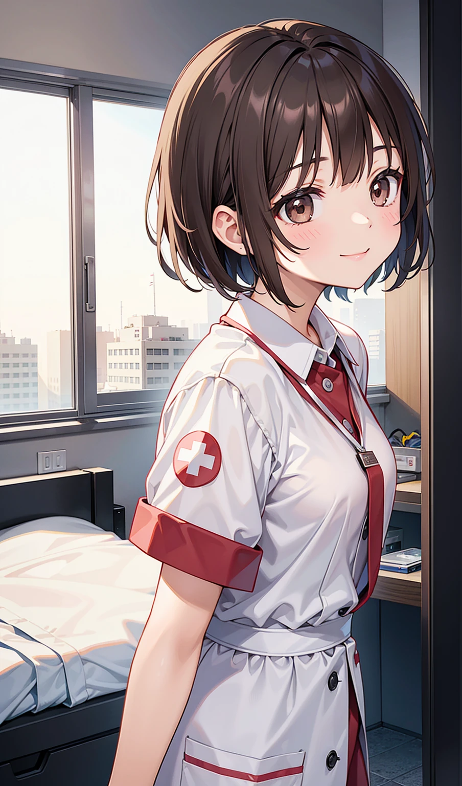 (One girl)、smile、turn around、nurse、nurse、hospital、Dark brown short hair、Dark brown eyes